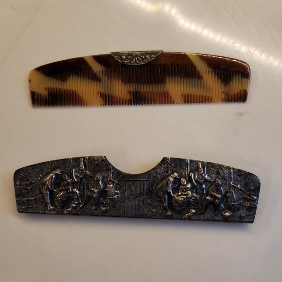 Hans Jensen Denmark Repousse Tortoise Shell Comb & Silver Plate Holder Danish - Picture 2 of 13